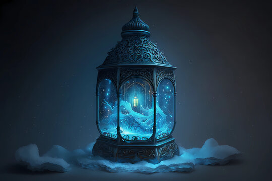A lantern with a glowing ice. digital art illustration. generative AI.