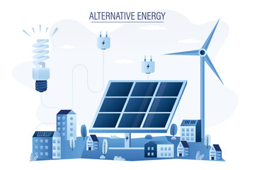 lternative energy home concept. Wind power and solar renewable energy. Modern, ecological houses, big solar panel and wind generator. Energy saving,
