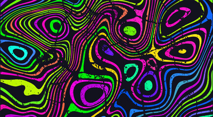 Trippy strip psychedelic pattern. Neon grunge wavy background
