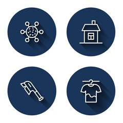 Set line Bacteria, House, Brush for cleaning and Drying clothes with long shadow. Blue circle button. Vector