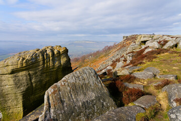 Amongst the lichen covered gritstone boulders on Curbar Edge.