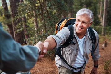 Help, holding hands and couple hiking in nature, climbing support and giving a hand. Happy,...