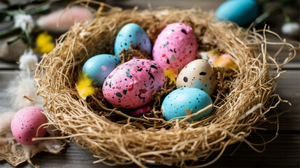 Fototapeta na wymiar Easter eggs inside nest is a decoration for spring holiday Generative Art