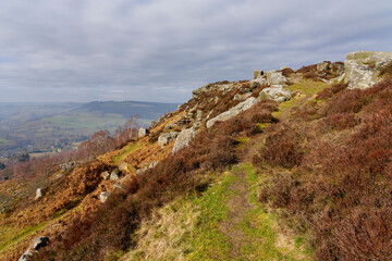 Dismal, foggy winter morning on Curbar Edge, Derbyshire.