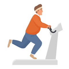 Fat man running on treadmill. Weight loss training, plus size man workout vector cartoon illustration