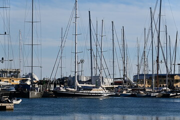 Fototapeta premium Palma, de Mallorca, island, Baleares, Spain, marina, harbor, yachts, sailboats, city, vacation, luxury, boat, yacht, ship, harbour, port, sailing, dock, travel
