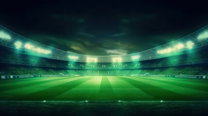 universal grass stadium illuminated by spotlights and empty green grass playground. Generative AI - obrazy, fototapety, plakaty