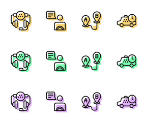 Set line Route location, Taxi call telephone service, driver and waiting time icon. Vector