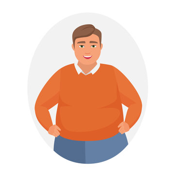 Fat man with hands on hips. Obese man in standing position vector cartoon illustration