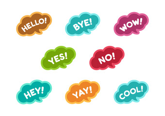 Cute speech bubble with short phrases hello, bye, yes, no, yay, cool, wow, haha icon set. Simple flat vector illustration.