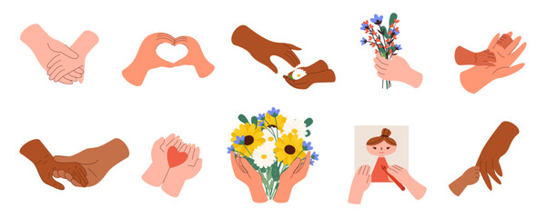 Set of differense race hands woman and child holding together. Motherhood, love, relationships concept. Mother's day design element. Vector Illustration isolated on white background.