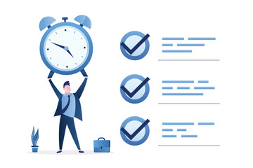 Office worker completed all tasks on time. Deadline concept, time management. Businessman is holding big alarm clock. Schedule, to do list. Productivity in business process.