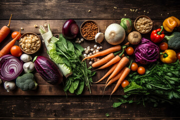 Fresh Vegetables on Wooden Background Healthy Vegetarian Food Concept.