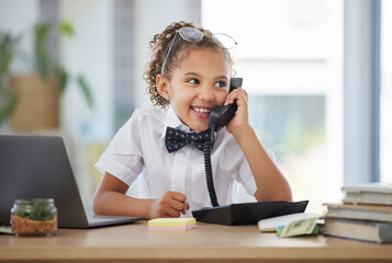 Children, telephone and a girl playing in an office as a fantasy businesswoman at work on a laptop....