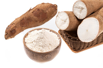 Raw Cassava Tuber And Starch - Manihot Esculenta; On White Background