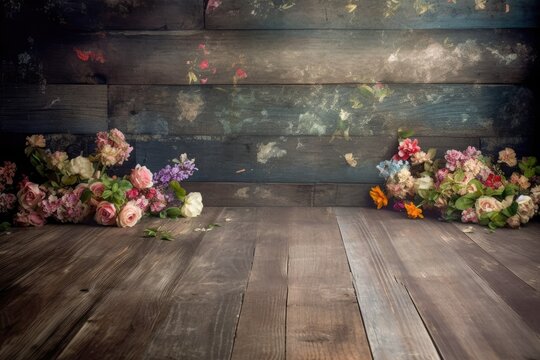 Retro background with old wood with several flowers memories souvenir Generative AI Illustration