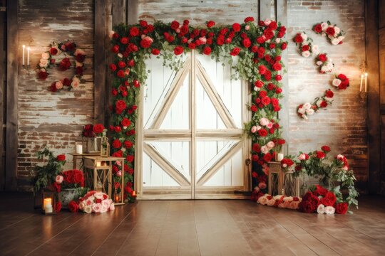 Vintage valentine and wedding day background with a door surrounded by white and red roses Generative AI Illustration