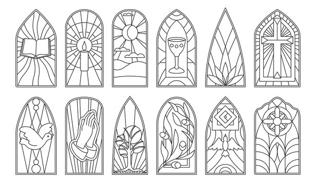 Stained glass vector outline icon set . Collection vector illustration window church on white background. Isolated outline icon set stained glass for web design.