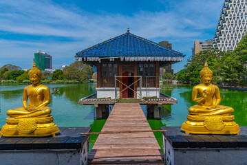 Golden buddha statues at Gangarama Seema Malakaya buddhist temple at Colombo, Sri Lanka
