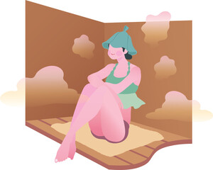 サウナ活動を楽しむ女子のイラスト サウナハット サ道