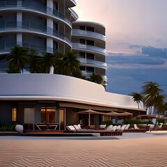 Fototapeta premium Luxury hotel building on the beach with sunset background with sunlight shining on the area generative ai technology concept