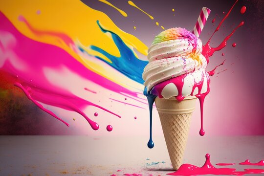 an ice cream cone with sprinkles of chocolate and sprinkles of sprinkles, a photorealistic painting, conceptual art, color splashes, wallpapers, created with Generative AI technology