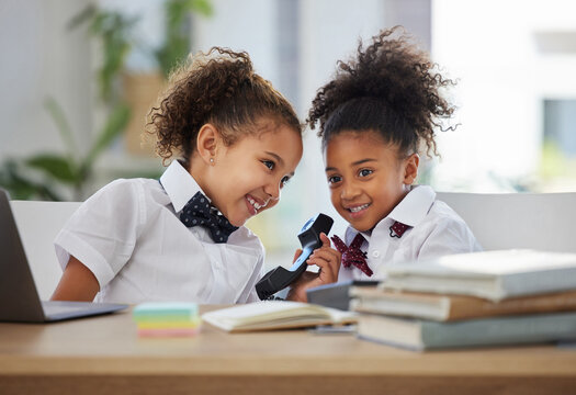 Listening, Happy And Girls Playing Business People With A Telephone And Answering A Phone Call. Smile, Playful And Little Children Pretending To Be Employees With A Landline At Home For Play