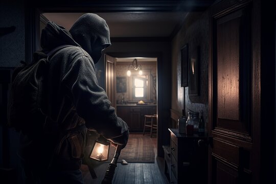 a housebreaking concept with an intruder sneaking into a house at night, holding a crowbar. generative ai