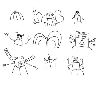 Set funny cute aliens, monsters, robots. Children's drawing, sketch.