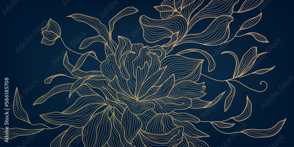 Wall mural Vector art deco luxury flower line pattern, golden line background. Hand drawn wavy plants for packaging, social media post, cover, banner and wall arts. Japanese style