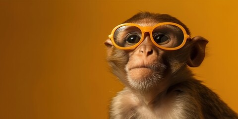 Obraz premium Portrait of a funny monkey in sunglasses isolated on a bright background. Generative AI