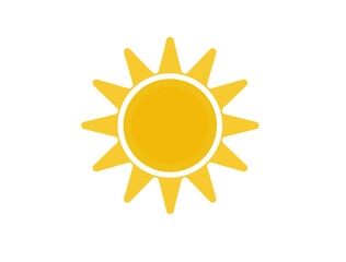 Yellow sun icon. Orange summer spring sunshine rays. Weather bright sunlight sing. Vector illustration sunrise logo or labels isolated on white background. Cute sun company logo illustration 