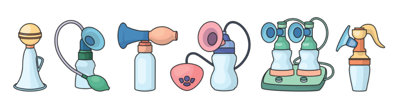 Breast pump vector color set icon. Vector illustration equipment for breastfeeding on white background. Color set icon breast pump.