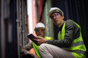 Engineer or Foreman using reality glasses simulation working with hologram control or check inventory details of containers box in container yard reality development process concept