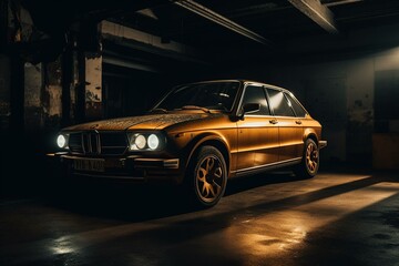 Plakat Golden car in dark stage. Generative AI