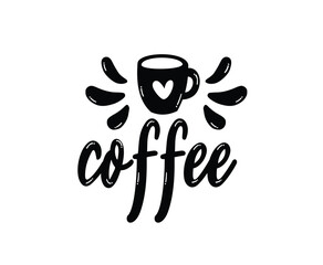 Obraz premium Coffee. Vector logo word. Design for poster, flyer, banner, menu cafe. Hand drawn calligraphy text. Typography coffee logo. Signboard icon coffee. Black and white illustration with cup.