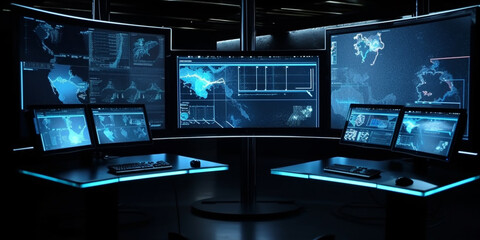 Fototapeta premium Control center, computers at the workplace. AI generated