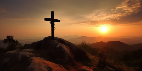 Christian wooden cross on the background of a beautiful sunset. AI generated
