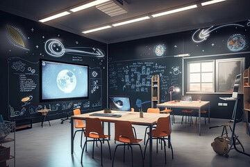 Futuristic school classroom with augmented reality projected in a electronic blackboard, generative AI	 - obrazy, fototapety, plakaty