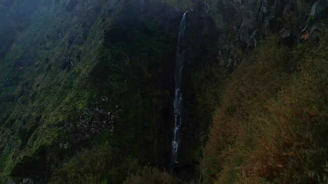 Waterfall Ponta Arnel view aerial in Sao Miguel Azores  