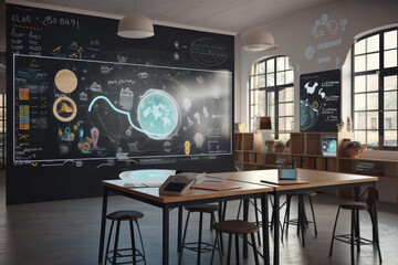 Futuristic school classroom with augmented reality projected in a electronic blackboard, generative AI	