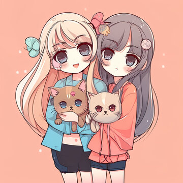 two kawaii anime girl full of cuteness. Generative ai