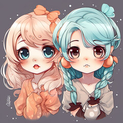 two kawaii girl, fashionable. Generative ai