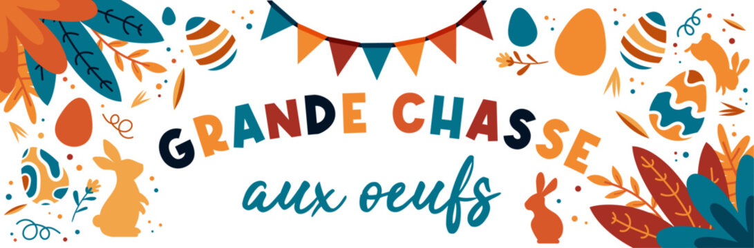 Grande chasse aux &oelig;ufs - Banni&egrave;re color&eacute;e autour de la f&ecirc;te de P&acirc;ques - Titre et illustrations vectoriels