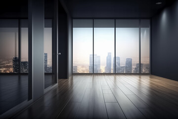 Modern office interior. Empty office corridor with wooden floor and city view background from window. generative ai

