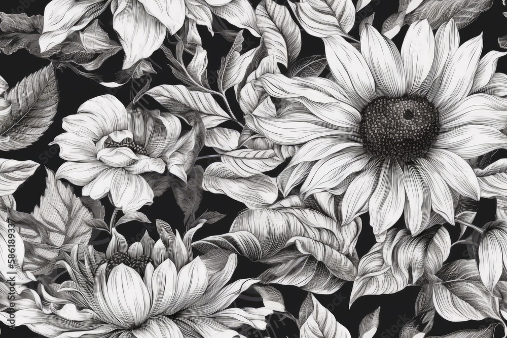 Sticker Illustration of black and white sunflowers drawing created with Generative AI technology