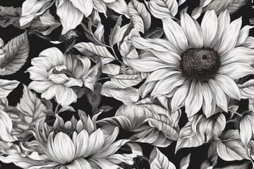 Illustration of black and white sunflowers drawing created with Generative AI technology