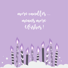 Happy birthday postcard with candles, vector illustration with golden glitter.