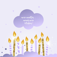 Happy birthday postcard with candles, vector illustration with golden glitter.