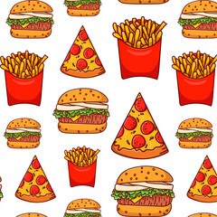 seamless pattern with fast food on a transparent background. Vector bright background with french fries, hamburger, pizza